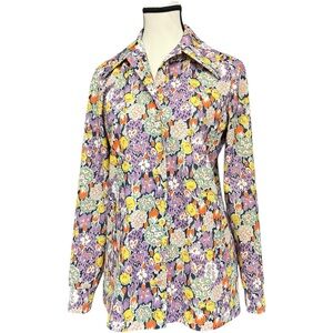 Devon Purple Floral Dagger Collar Button-Up 70s Vintage Medium Disco Floral 70s